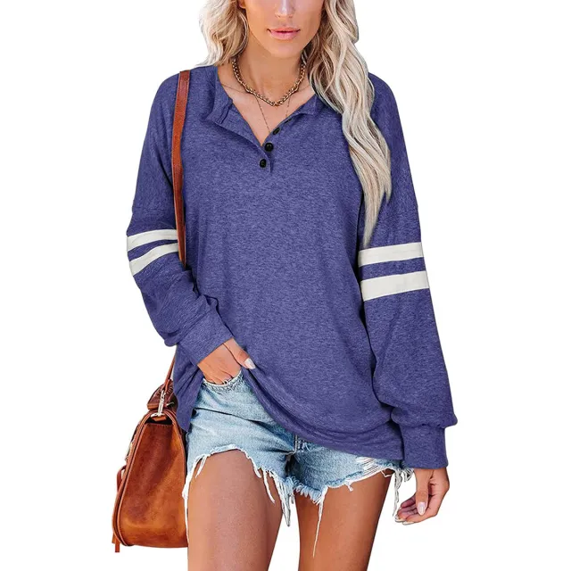 European And American Women's Striped Long sleeved V neck T shirt Sweater Blue - Shop at LoveMi