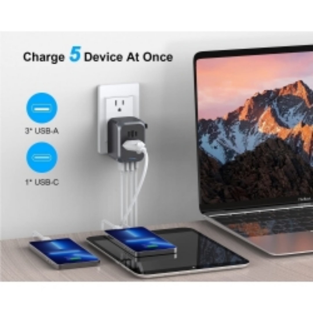 Universal Travel Adapter 3 USB & Type-C Outlet Converter US-UK-EU-AU Plug Power--Black