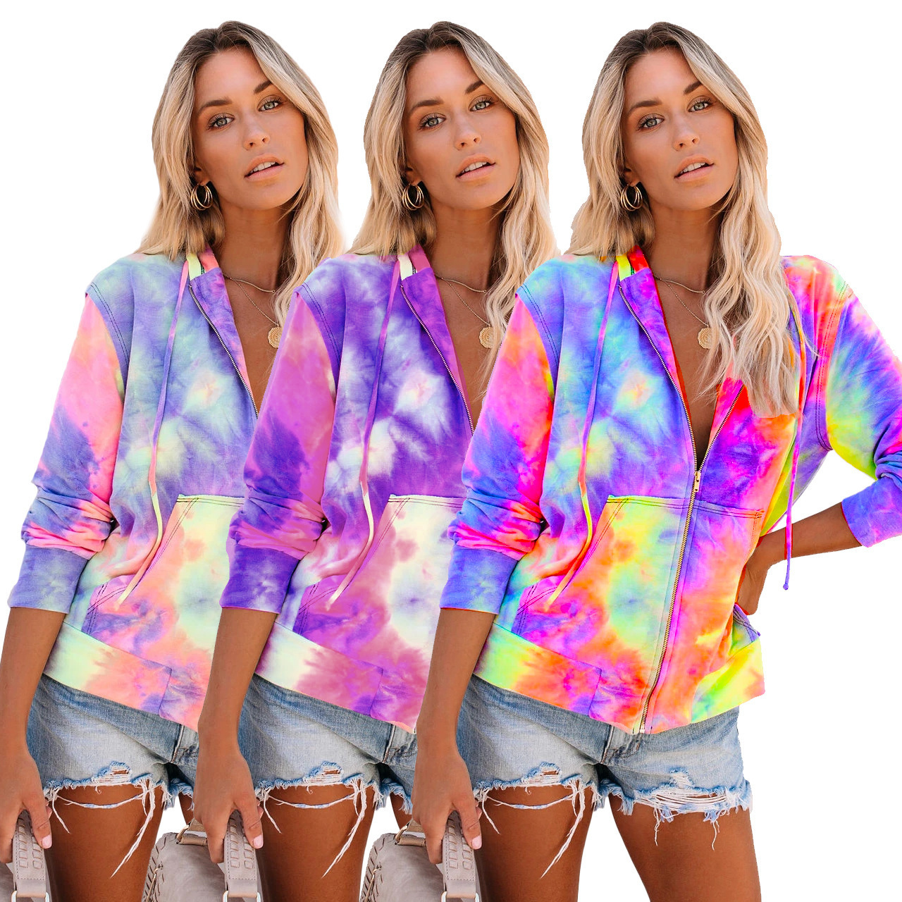 Title 3, Long Sleeve Casual Tie Dye Print Colorful Hoode...