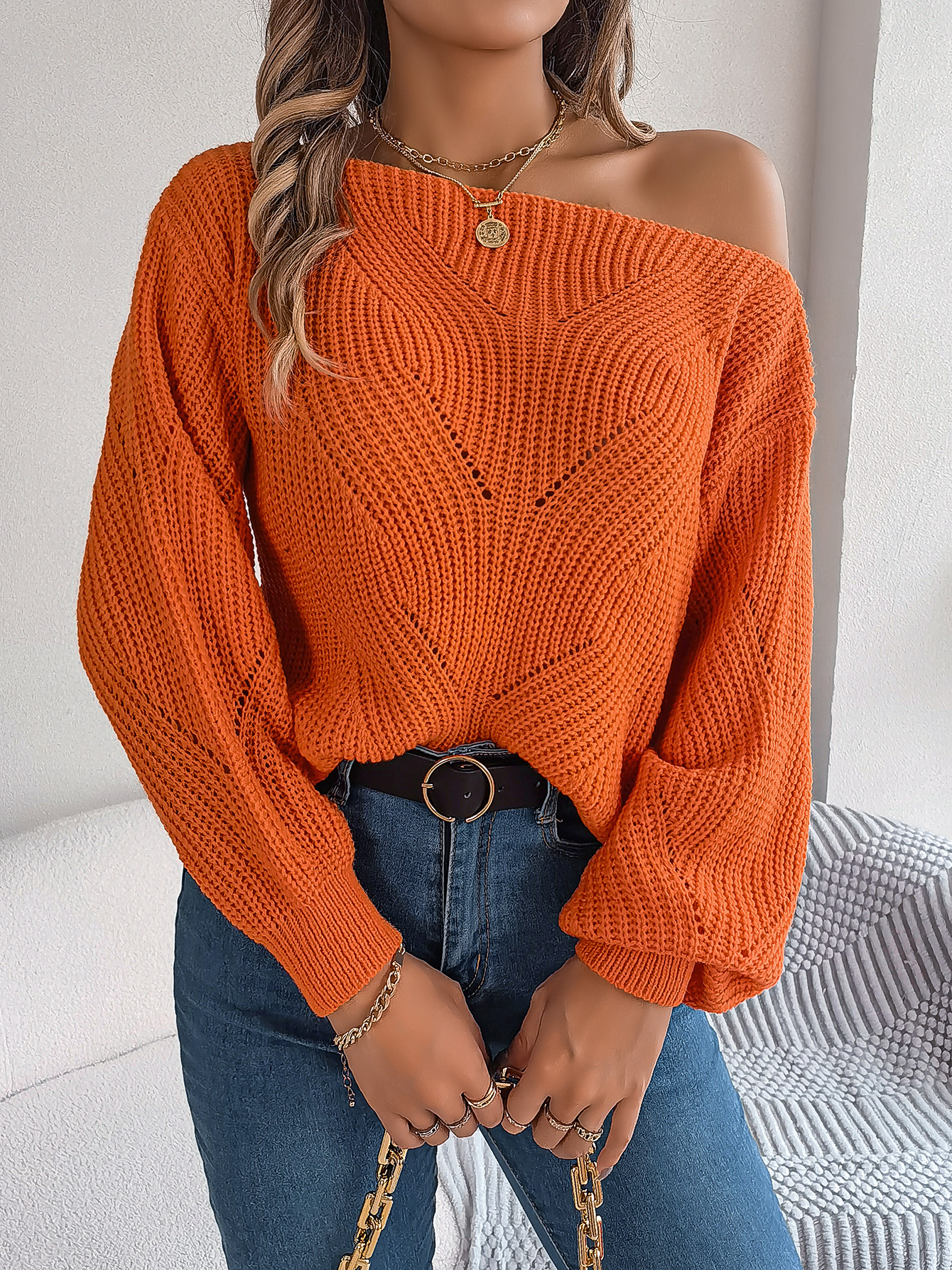 Casual Hollow Out Off Shoulder Lantern Sleeve Sweater thumbnail 3