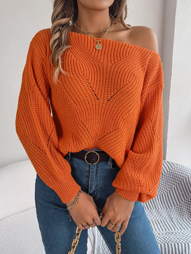 Casual Hollow Out Off Shoulder Lantern Sleeve Sweater Orange - Shop at LoveMi