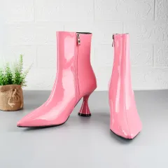 Women Boots Pointed Toe Ankle Boots Side Zipper Shoes - Pink - View 1