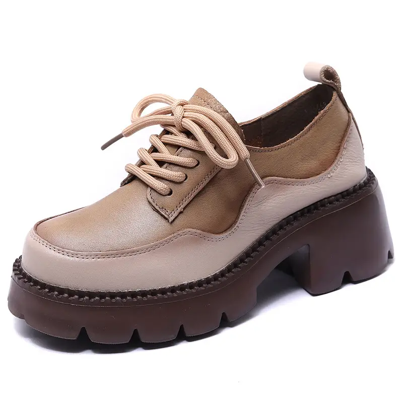Handmade Vintage Chunky Heel Lace-Up Colorblock Leather Shoes