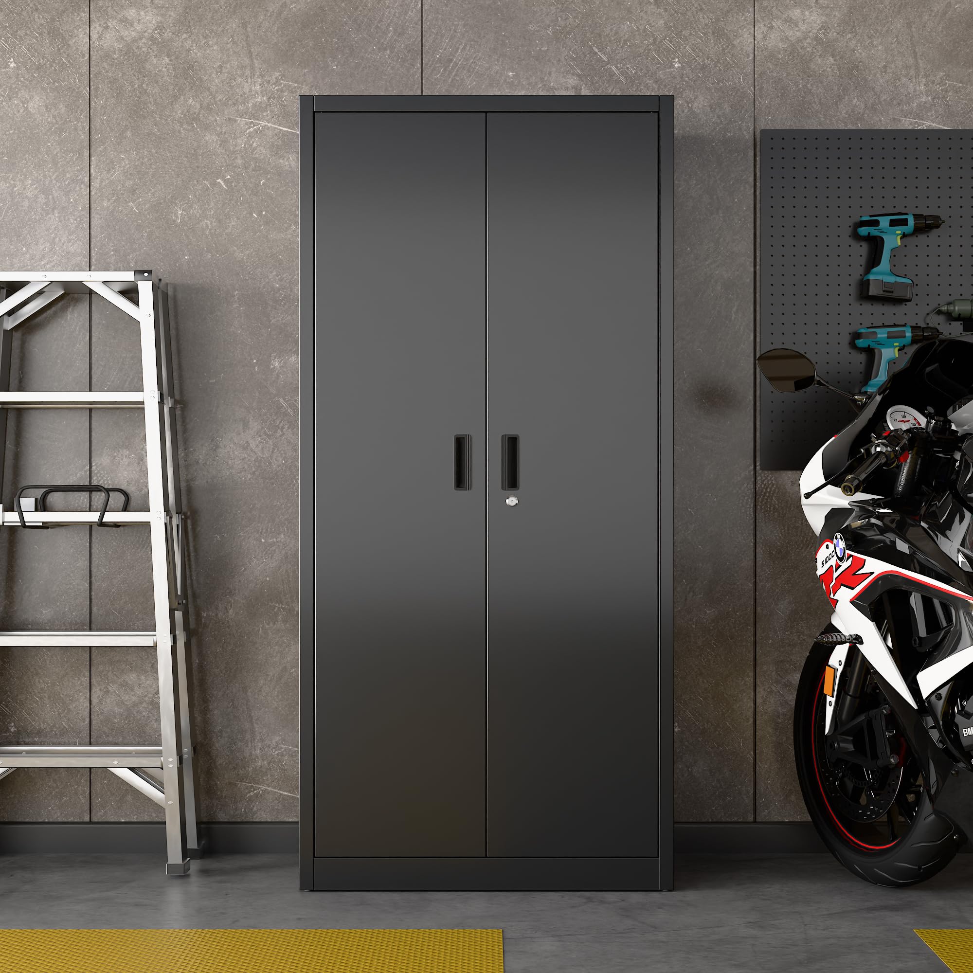 Garage Storage Cabinet With 5 Adjustable Shelves, Locking Metal Storage Cabinet With Pegboard Doors For Garage, Home, Black, Assembly Required — foto 6