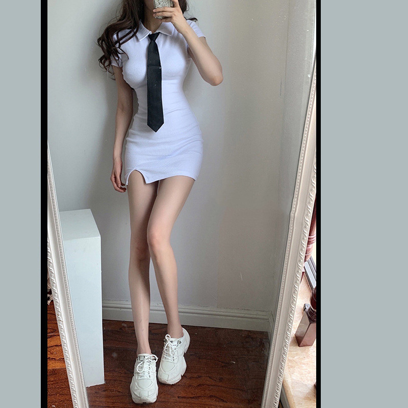 Retro Lapel College Style Side Slit Temperament Age-reducing Skirt - 10