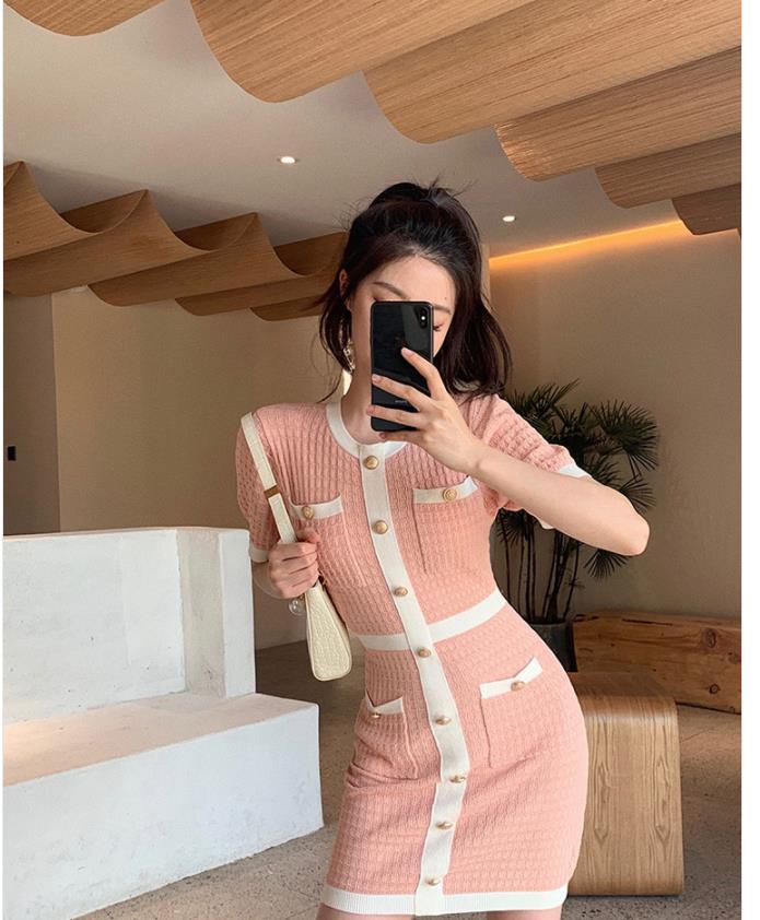 Color Matching Short-sleeved Knitted Dress Women's Waist Slimming Skirt