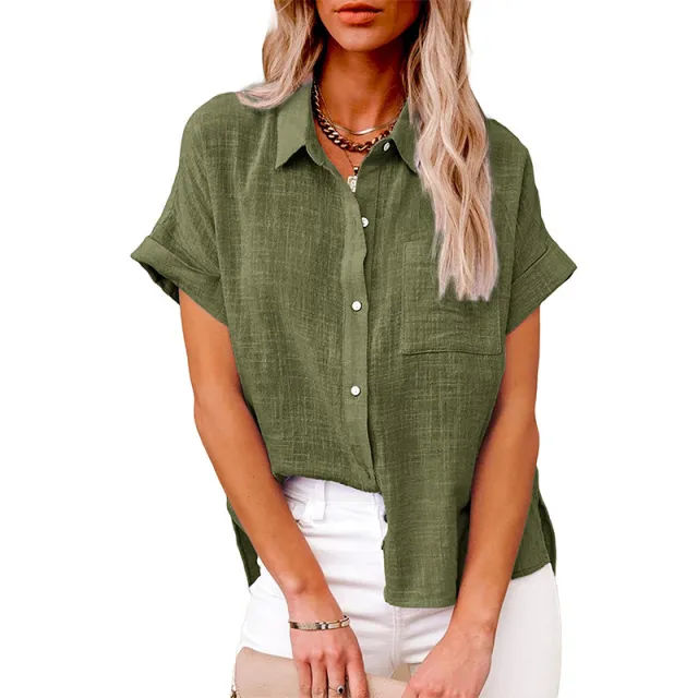 Women's Fashion Casual Cotton Linen Pocket Short sleeved Shirt Green - Shop at LoveMi