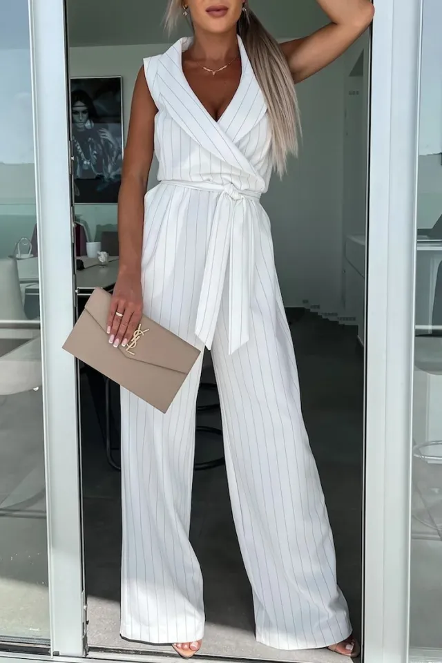 Lapel Tied Fashion Straight High waisted Trousers White - Shop at LoveMi