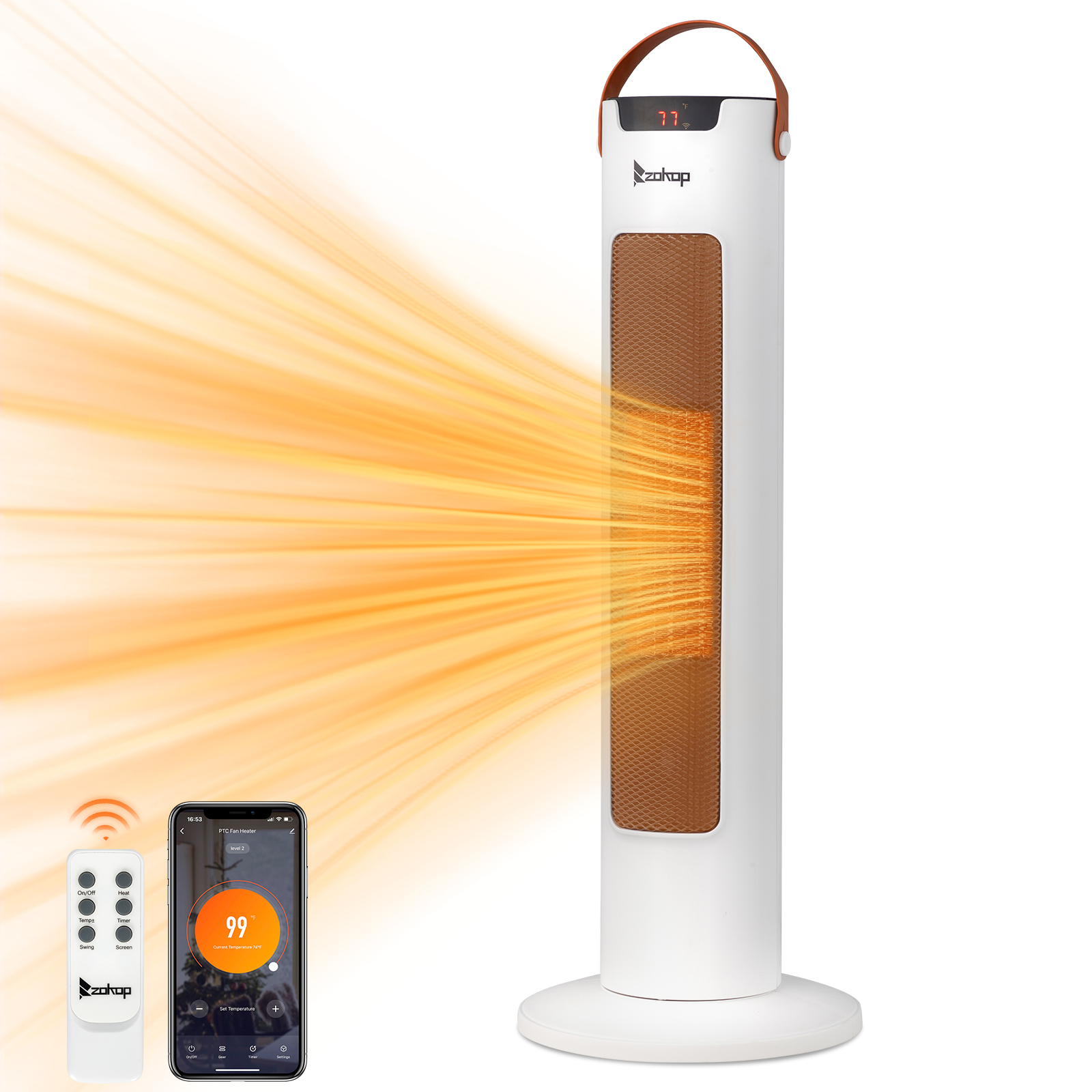 24Inch Tower Space Heater, 1500W Smart Electric Heater With Thermostat, WiFi APP & Remote Control, 60 Degrees Oscillation, 9H Timer, For Indoor Bedroom Office Home, White
