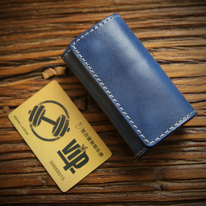 Vintage Handmade Key Chain Top Layer Leather Buckle Bag Blue - Shop at LoveMi