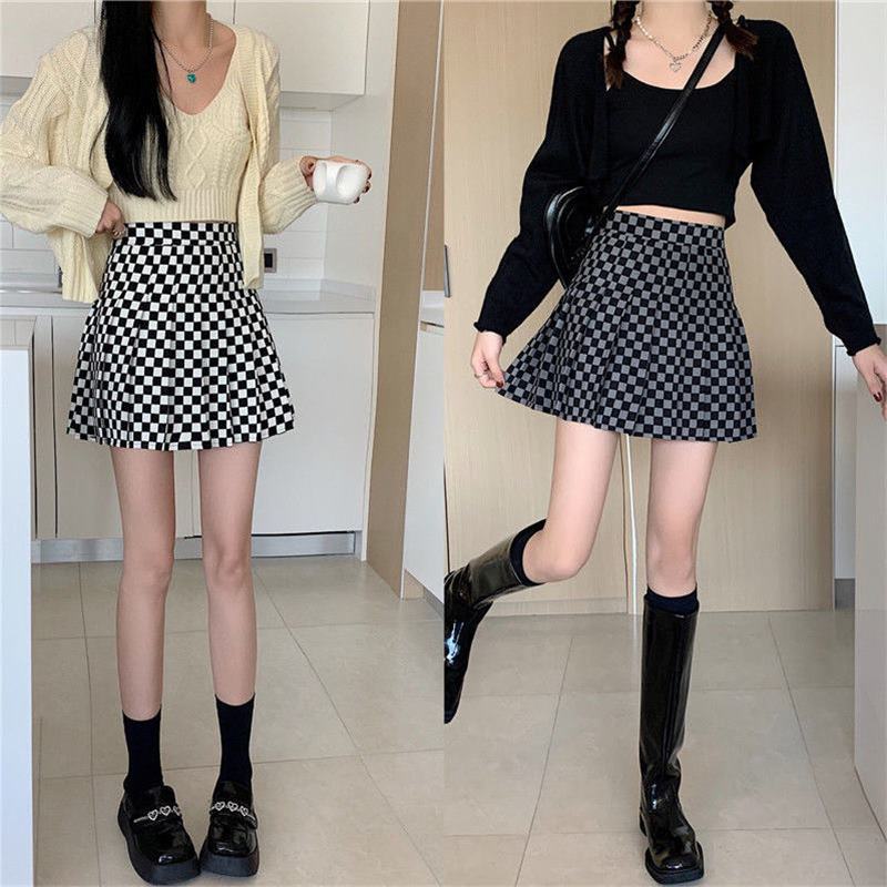 Black And White Plaid Pleated Skirt A- Line Skirt High Waist Slim Fit