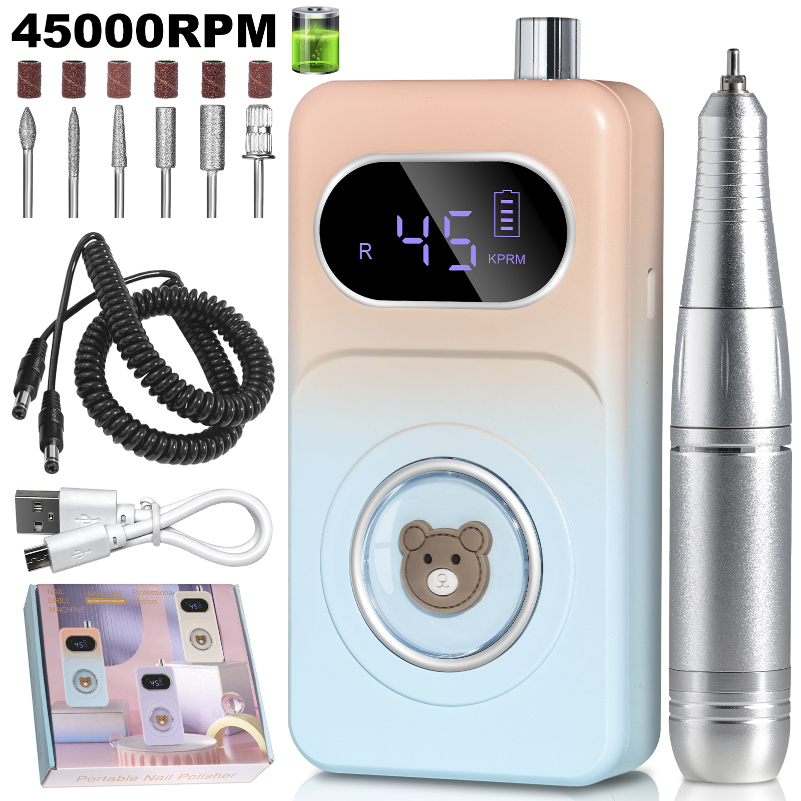 Professional 45000RPM Portable Electric Nail Drill Kit, Rechargeable Nail Electronic File Machine, Electric Nail Polishing Machine With Drill Head And Base, Nail Drill For Acrylic Nails, Nail Gel, Fem - Image 1