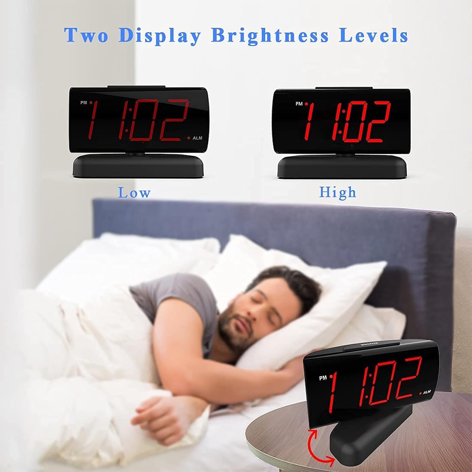 Digital Alarm Clock with Rotating Base - Large and easy to use bedside clock with icons and text buttons, perfect for the elderly. Simply plug into a standard American 120V socket for power, with AAA backup batteries.