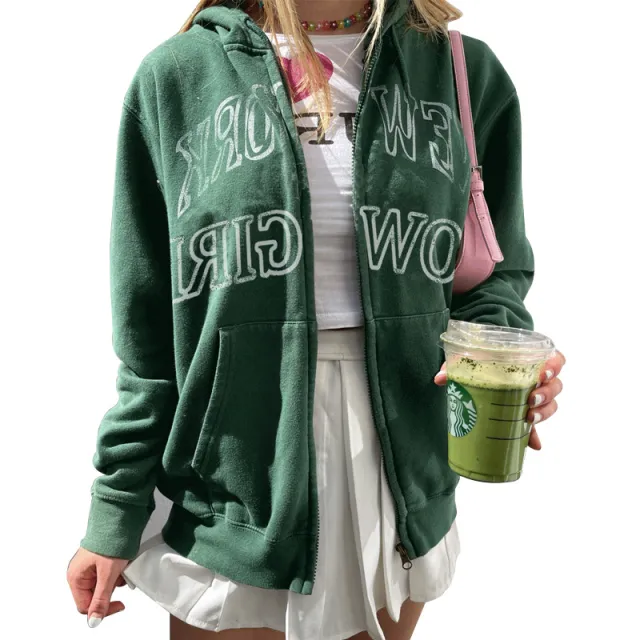 Printed Casual Hoodie Baseball Uniform Autumn And Winter Green - Shop at LoveMi