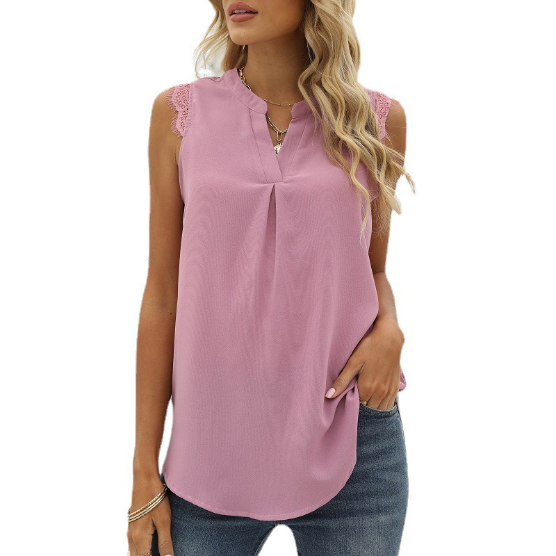 Solid Color Shirt Loose V-Neck Sleeveless Lace Top