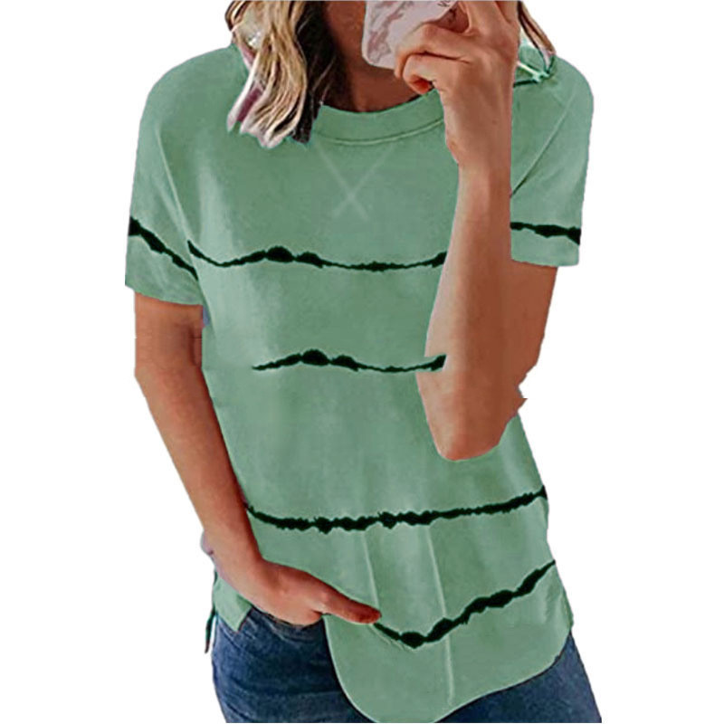 European And American New Neckline Cross Stripe Print T shirt Green - Shop at LoveMi