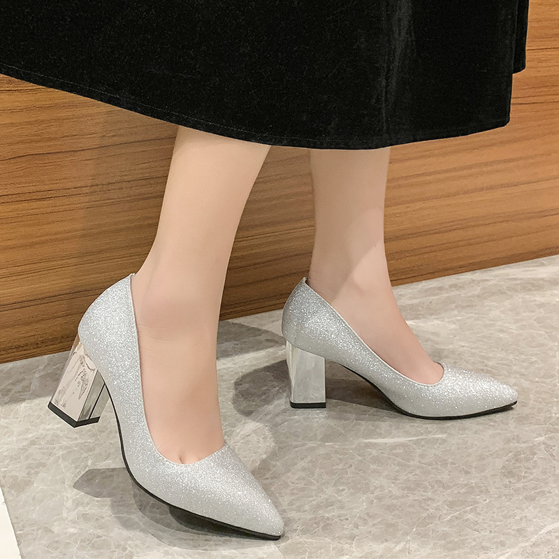 Women's Thick High heeled Pointed Shallow Shoes Silver - Shop at LoveMi