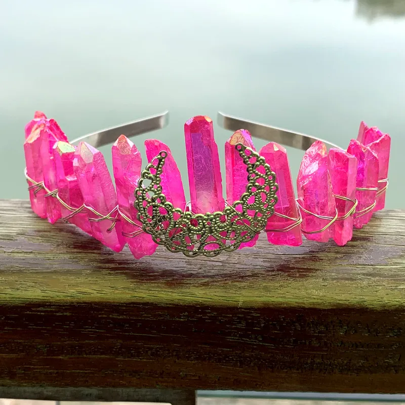 Natural Crystal Rainbow Crown Hair Band - Rose Red