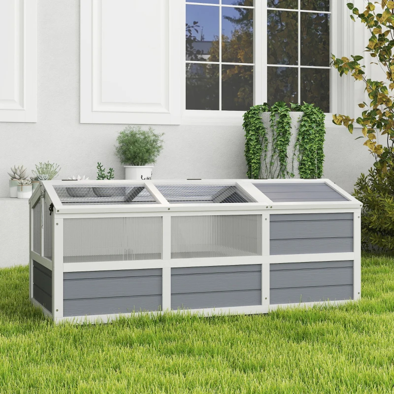 PawHut Wooden Tortoise Habitat Outdoor W Bottomless Design, Doors, PC Sun Panel Windows, For Small Animals, Rabbit, Light Gray