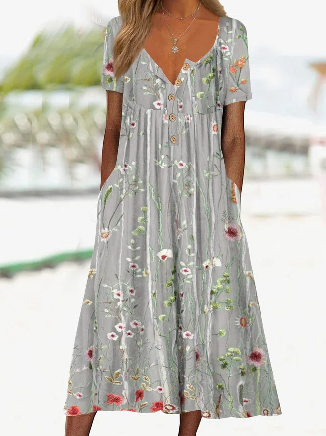 Printed Short Sleeve A Line Dress