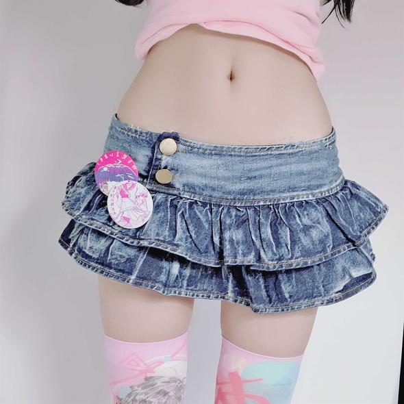 Japanese Hot Girl Cute Low Waist Safety Pants Super Short Mini Denim Skirt Blue - Shop at LoveMi