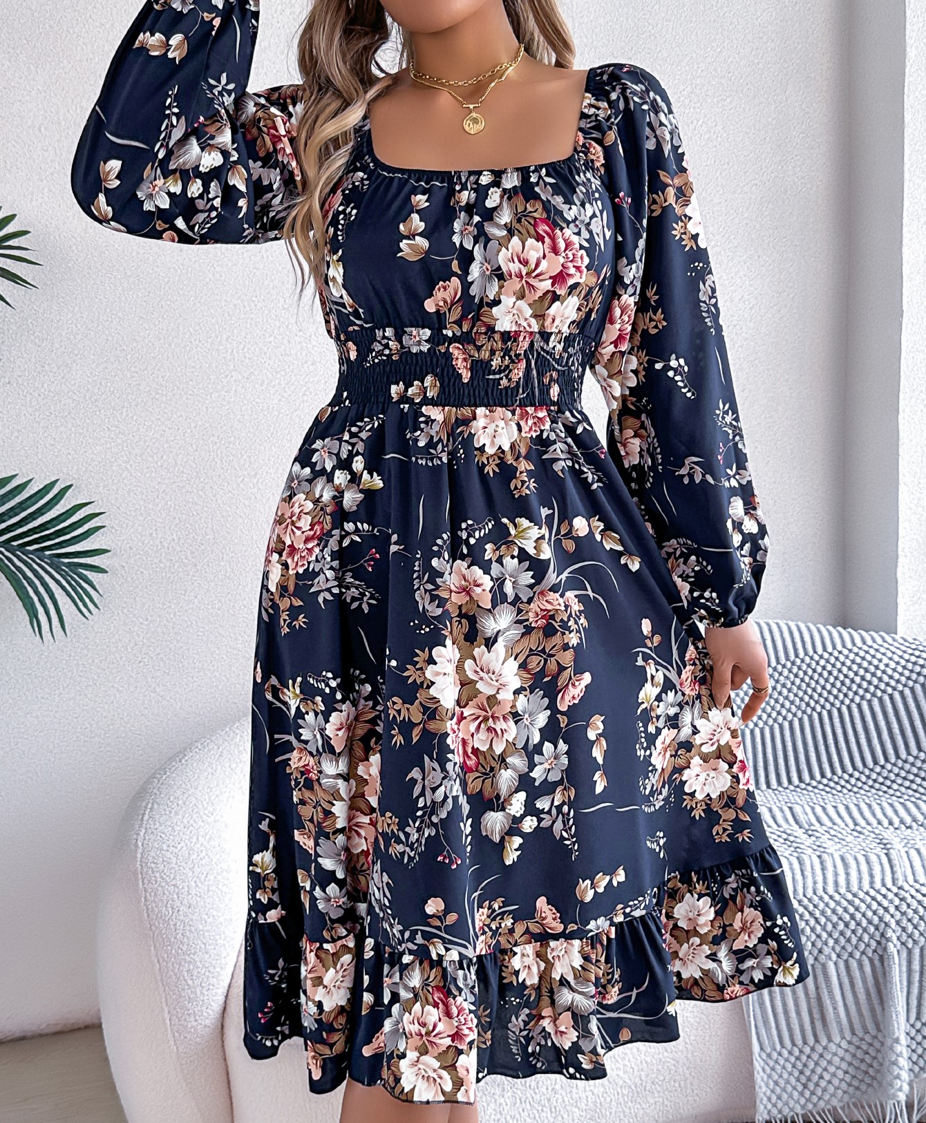 Women's Elegant Floral Print Square Neck Long Sleeve Tie Waist Ruffle A-Line Dress