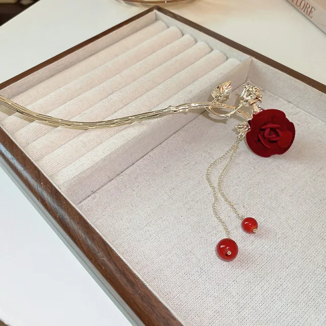 Flocking Rose Flower Leaves Pearl Tassel Hairpin Red - Shop at LoveMi
