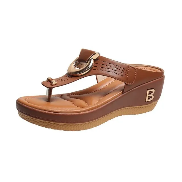 Thong Sandals Women High Heel Wedges Shoes Flip Flops Metal Decorative Slides Slippers Brown - Shop at LoveMi