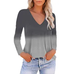 European And American Women's V-neck Gradient Print Loose T-shirt - Dark Grey - View 1