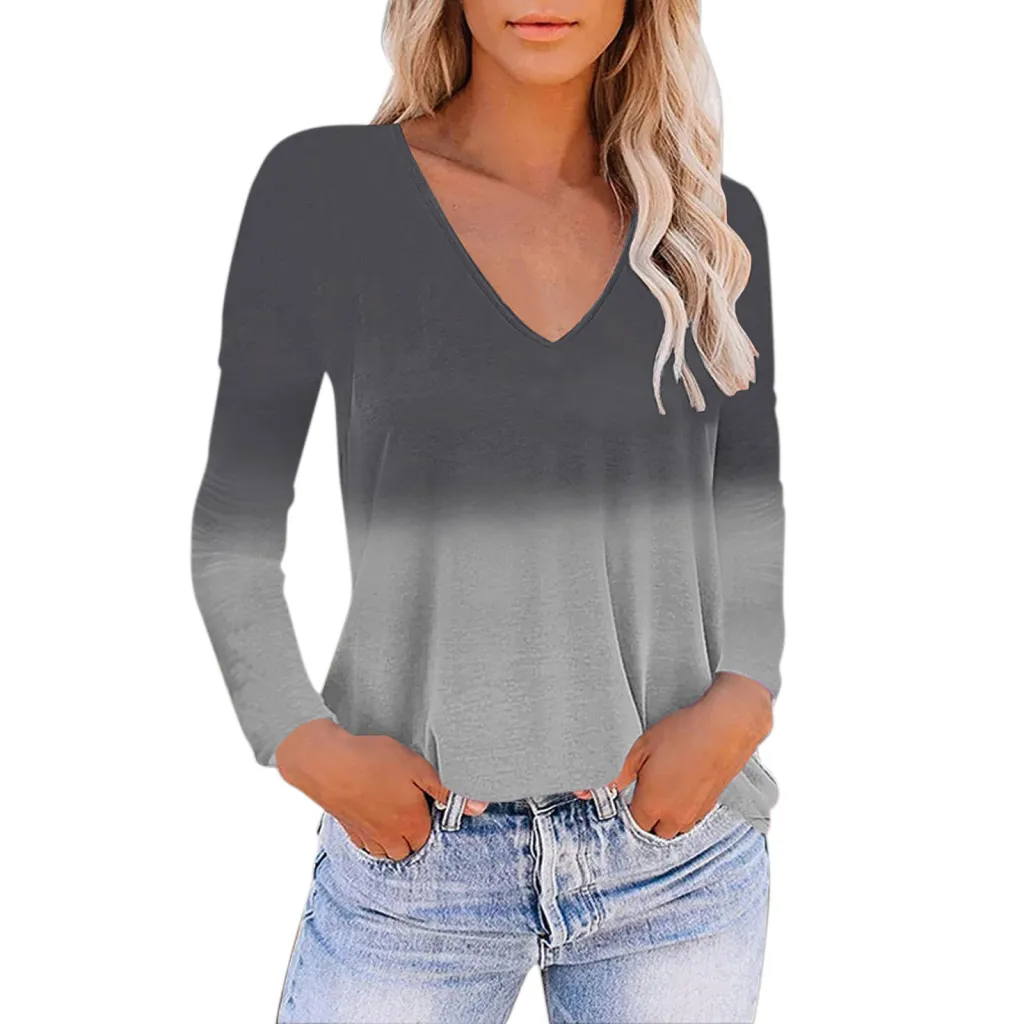 European And American Women's V-neck Gradient Print Loose T-shirt - Dark Grey