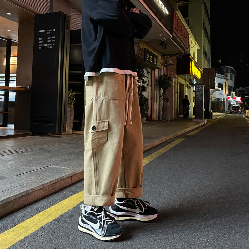 سراويل يابانية كاجوال فضفاضة بلون سادة