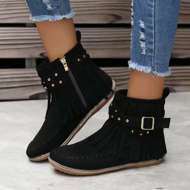 Retro Ankle Boots With Rivet Tassel Flat Shoes Women Winter Boots Black - Shop at LoveMi