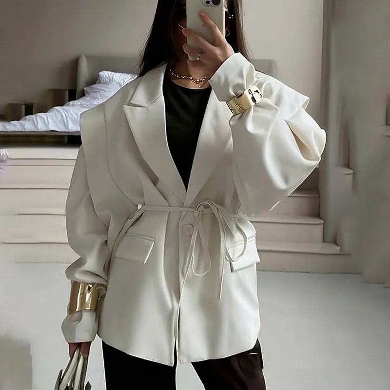 Women's Waist Tie Blazer - Elegant Business Casual Solid Color Jacket For Fall Winter Office - White
