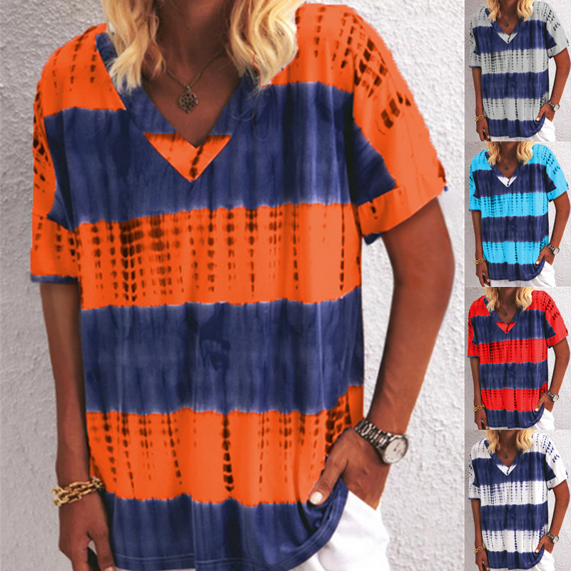 Women's Summer V-Neck Tie-Dye Printing Short-Sleeved T-Shirt Plus Size Top