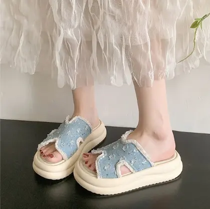 Women's Denim Frayed Edge Platform Slide Sandals