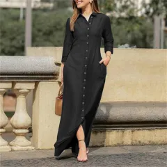 Shirt Collar Denim Button Maxi Dress - Dark Grey - View 1