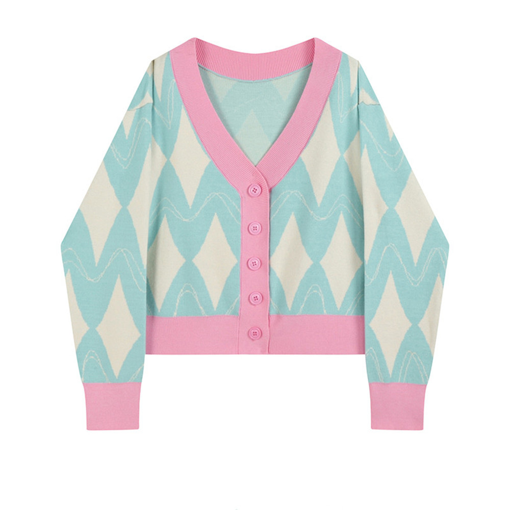 Sweet Contrast Color Knitted Sweater Women's Western Style To Reduce Age