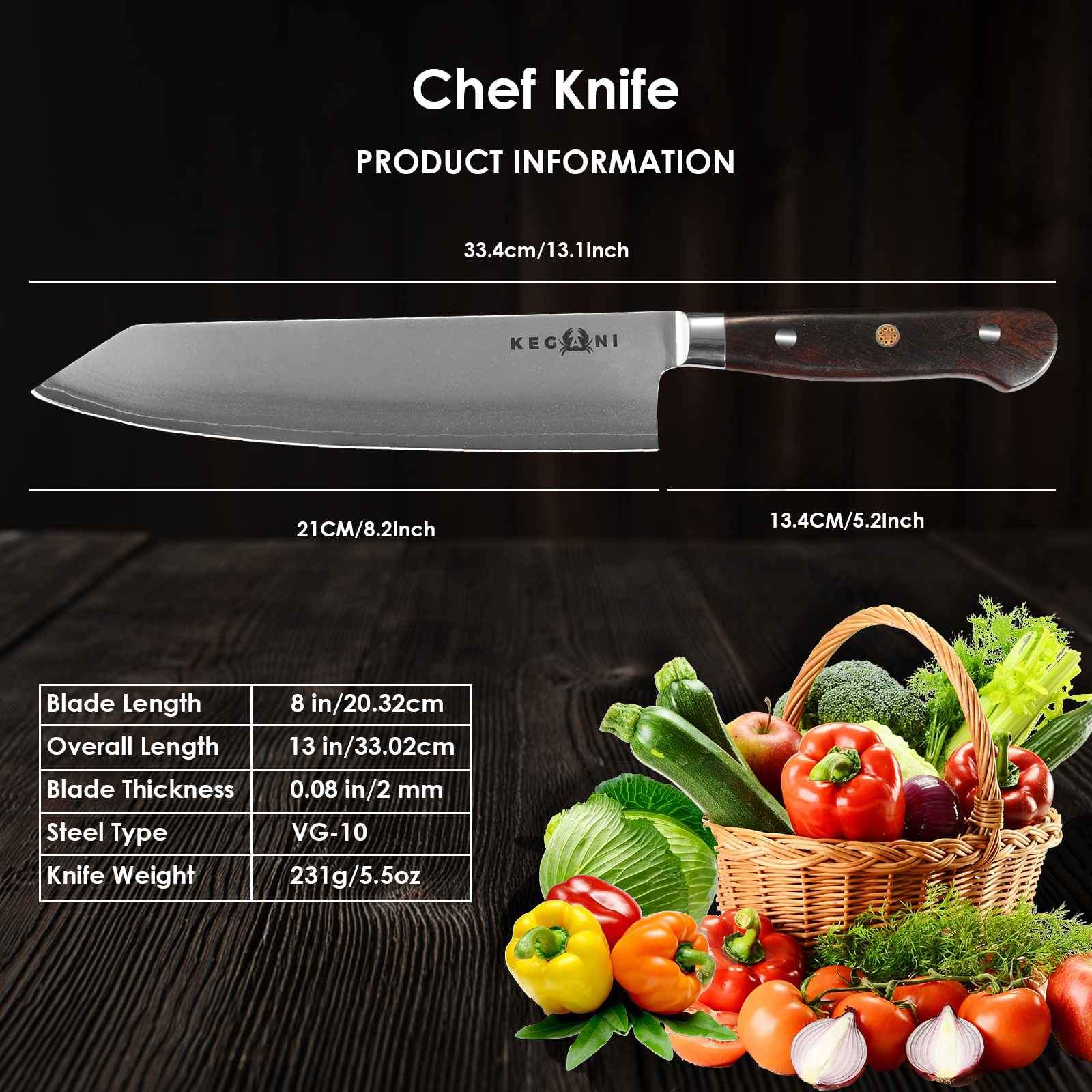 Kegani Kiritsuke Knife - 8-Inch Professional Japanese Chef Knife, Japanese VG-10 Ultra-Sharp Kitchen Knives, 9 Layer Clad Steel - Ergonomic Handle