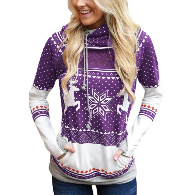 Long Sleeve Hooded Casual Sweater Women With Printed Pockets Purple - Shop at LoveMi