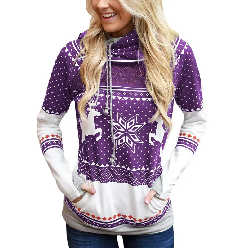 Long Sleeve Hooded Casual Sweater Women With Printed Pockets - Purple
