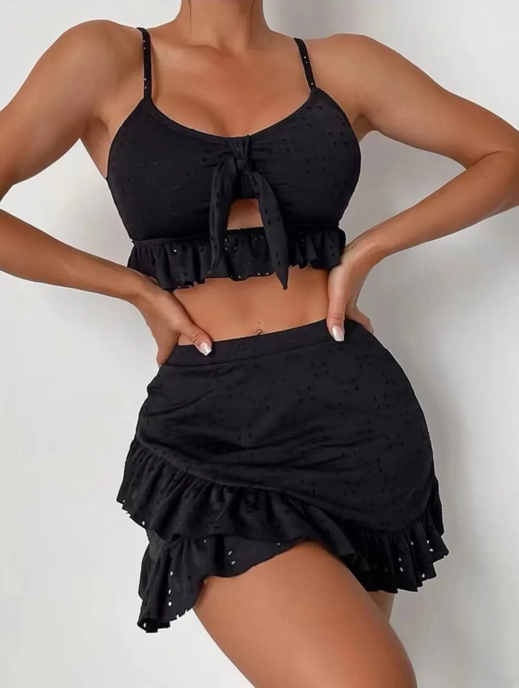 Beach Bikini With Hip-hugging Skirt Fashion Ruffle Design Swimsuit Set Summer Womens Clothing - Black