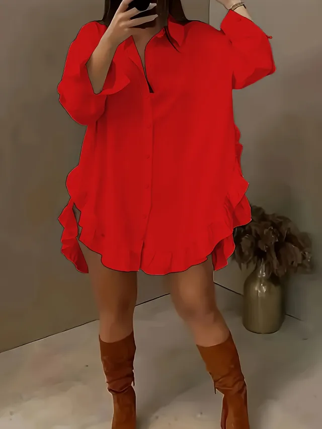 Women's Plus Size Casual Shirt With Ruffle Hem, Solid Color, Woven Polyester, Non Stretch, Pointed Collar, Button Front, For All Seasons Red - Shop at LoveMi