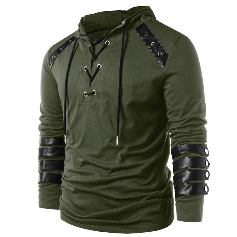 Men's T-shirt With Leather Tethered Hooded Pullover Long-sleeved Sports T-shirt