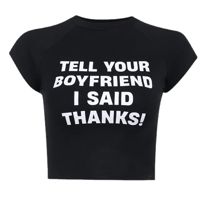 Knitted Round Neck Letter Printed Short Sleeved Top Black - Shop at LoveMi