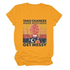 Women's Letter Printing Casual Loose Short Sleeve T-shirt - Mustard Yellow - View 1