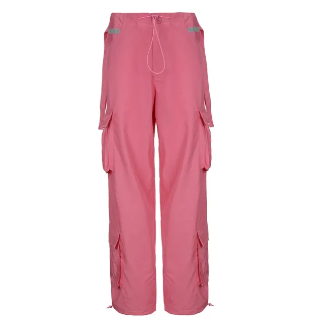 Ladies Button Down Drawstring Multi pocket Woven Lounge Pants Pink - Shop at LoveMi