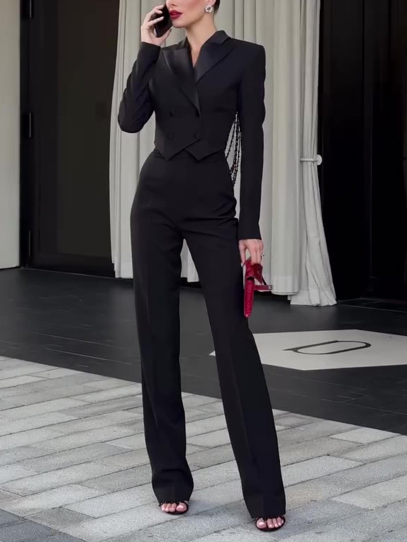 Black Backless Beaded Cropped Blazer & High Waist Pants Set