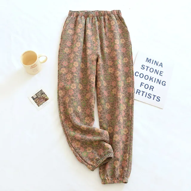 Retro Yarn dyed Jacquard Women's Pure Cotton Pajama Pants Dark Green Plum - Shop at LoveMi