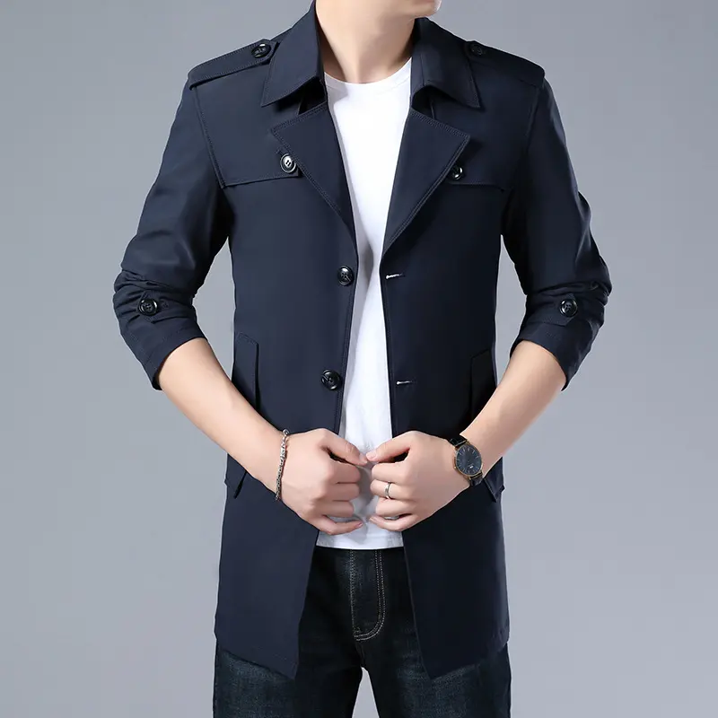 Spring and Autumn Men's Trench Coat with Buttons Top