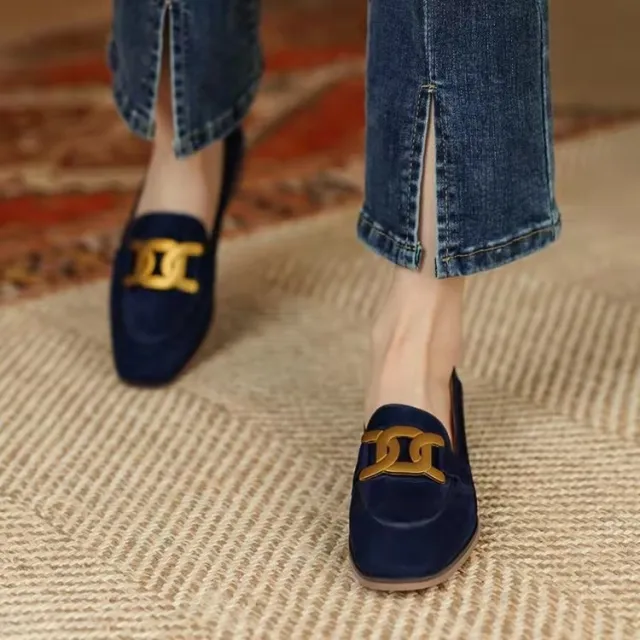 Metal buckle heel flat shoes fashion Blue - Shop at LoveMi